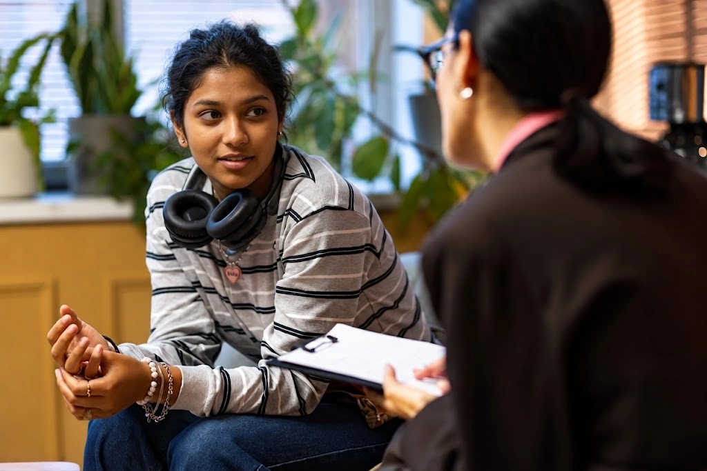 Student speaking with an education counselor